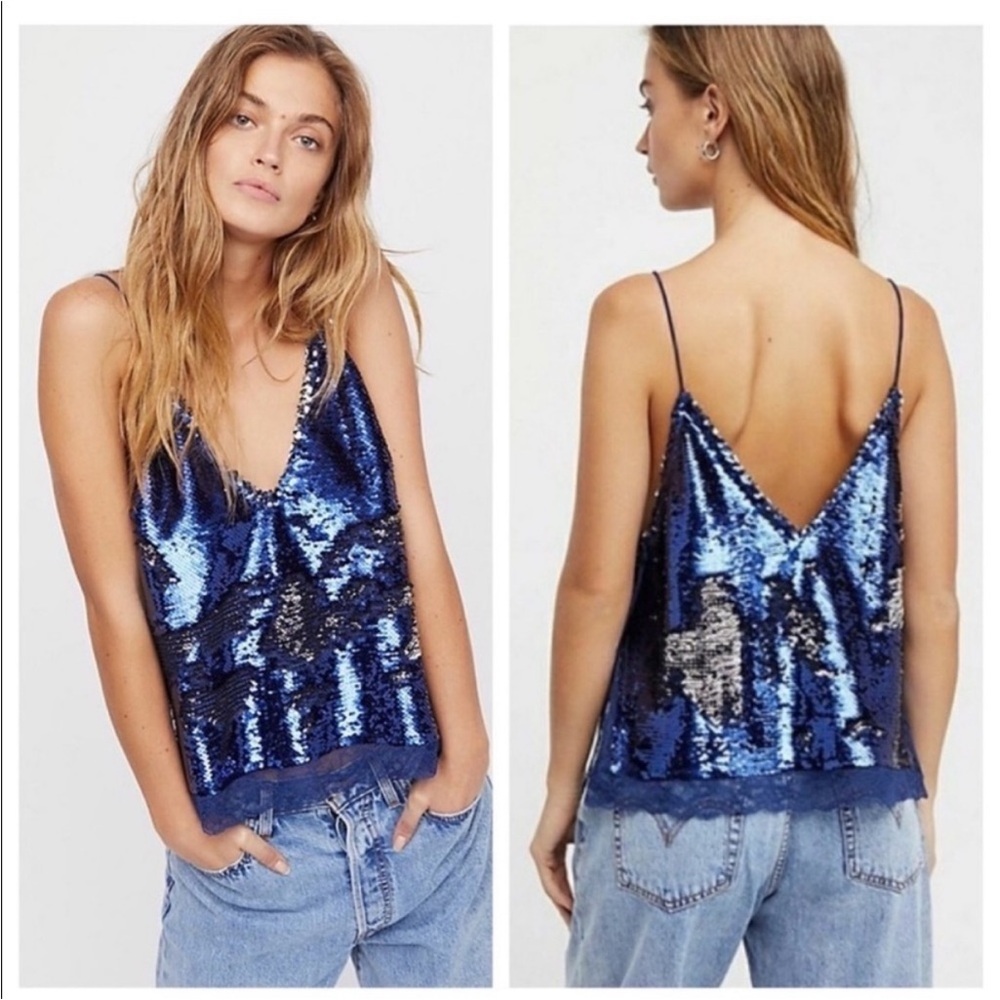 NWT Free People Swinging Sequins Lace Trim Tank In Midnight Size Small Fairy